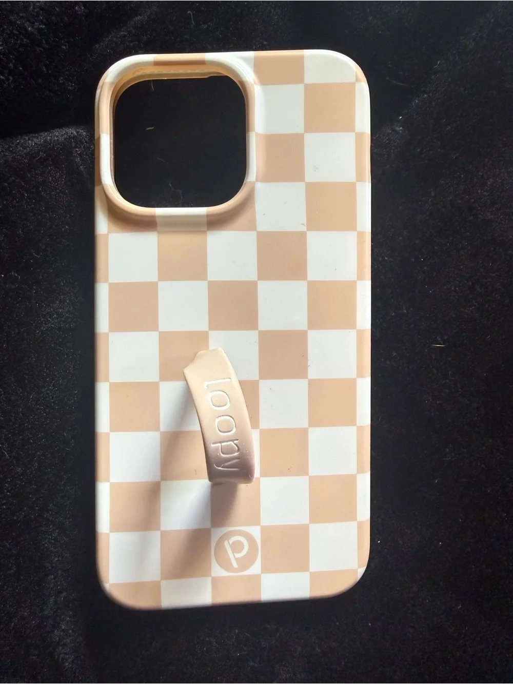 Loopy Beige Checkerboard Phone 14 pro Case with Loop - Neutral tan White
